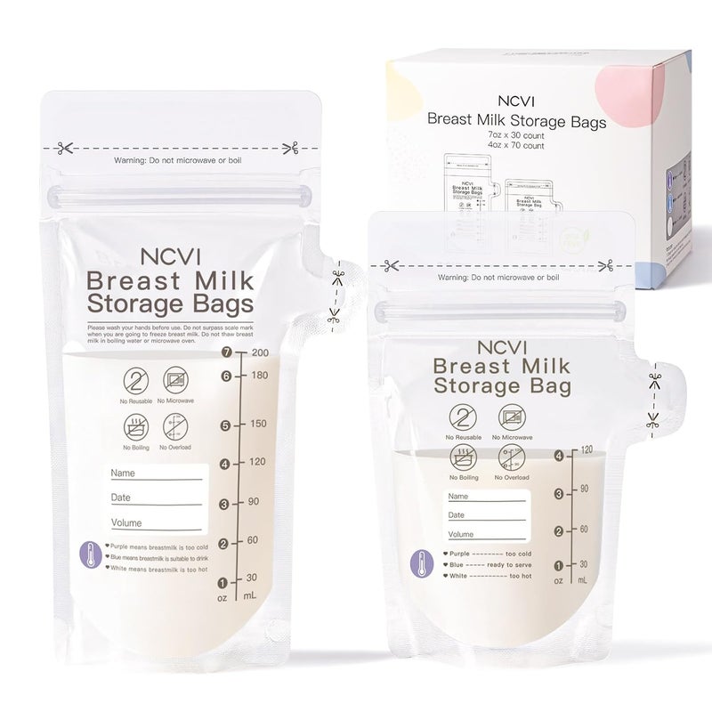 NCVI 4+7 oz Breastmilk Storage Bag Freezer for 0-3 Months, Breast Milk Feeding Bag with Temp-Sensing, Doubled-Sealed, Self Standing, Easy Pour Spout, BPA-Free, 4oz(70count)+7oz(30count) - Image 1